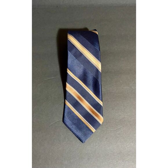 Vintage Sears Fashion Collection Tie Navy Blue Gold Striped Perma-Prest Retro - Picture 1 of 3